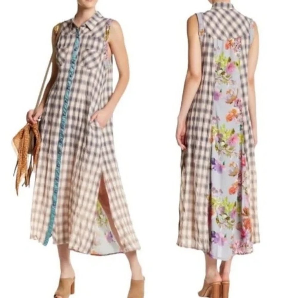 Anthropologie Plaid and Floral Maxi Dress - Black, White, Blue, Multicolor